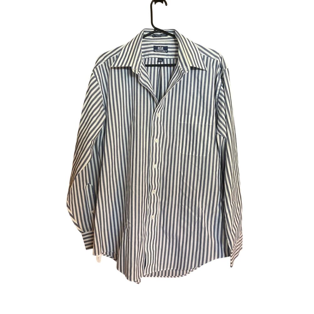 Stafford Men’s Dress Shirt 16.5 35 Athletic Fit Navy White Stripe Long Sleeve